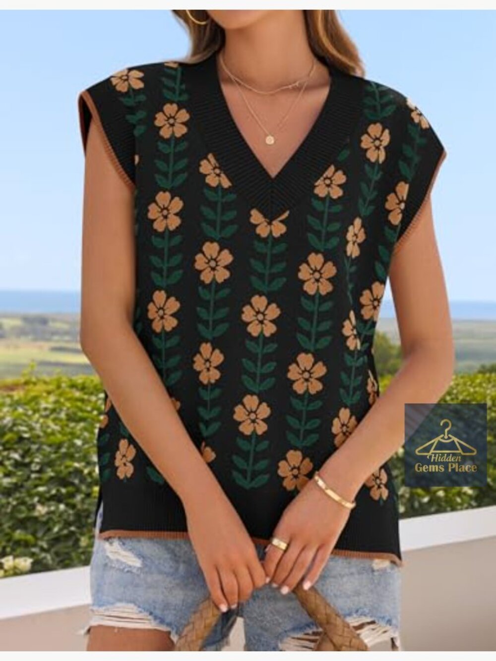 Floral V Neck Sleeveless Knit Sweater Vest Oversized Loose Tank Tops Summer - Picture 7 of 7
